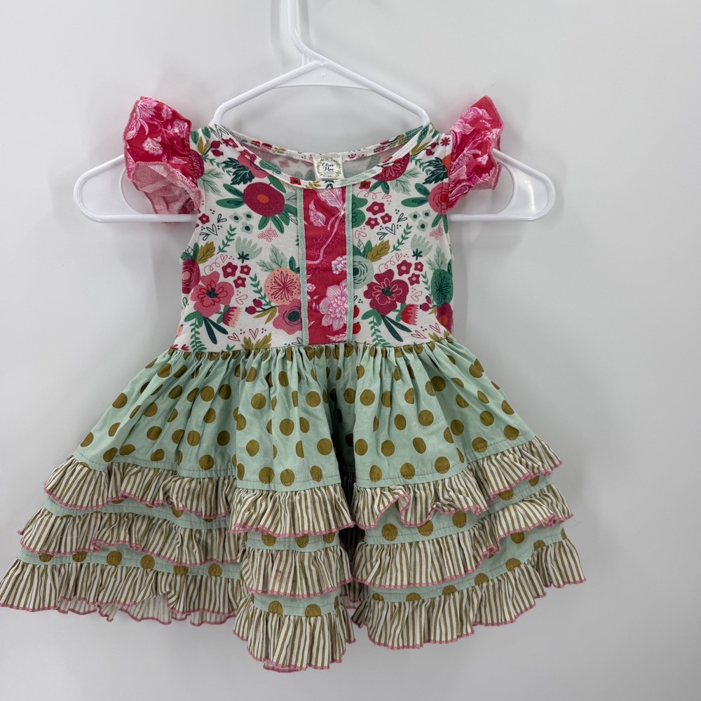Olive Mae Floral Polka Dot Tiered ruffle dress size size 18M handmade Boutique